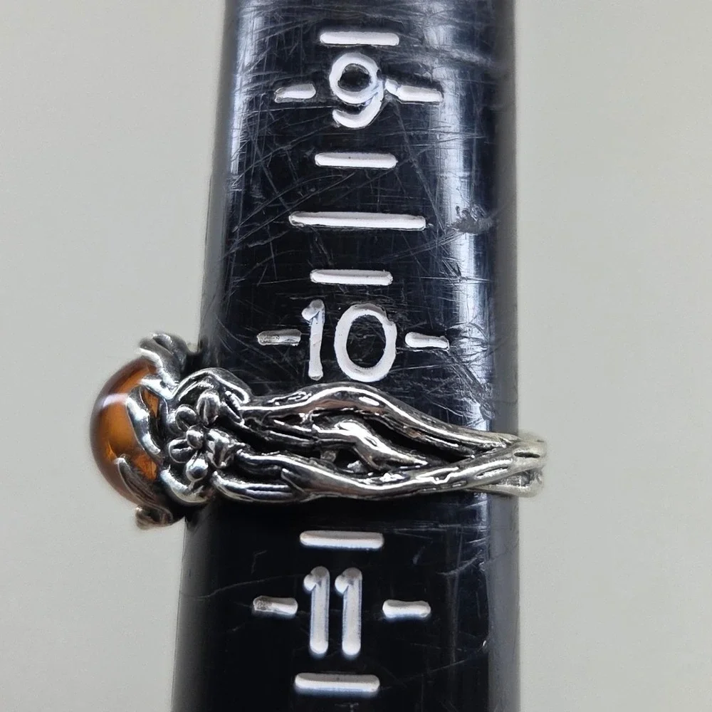 Boho Silver Tone Amber Cabochon Flower Branch Textured Statement Ring Size 10.25
